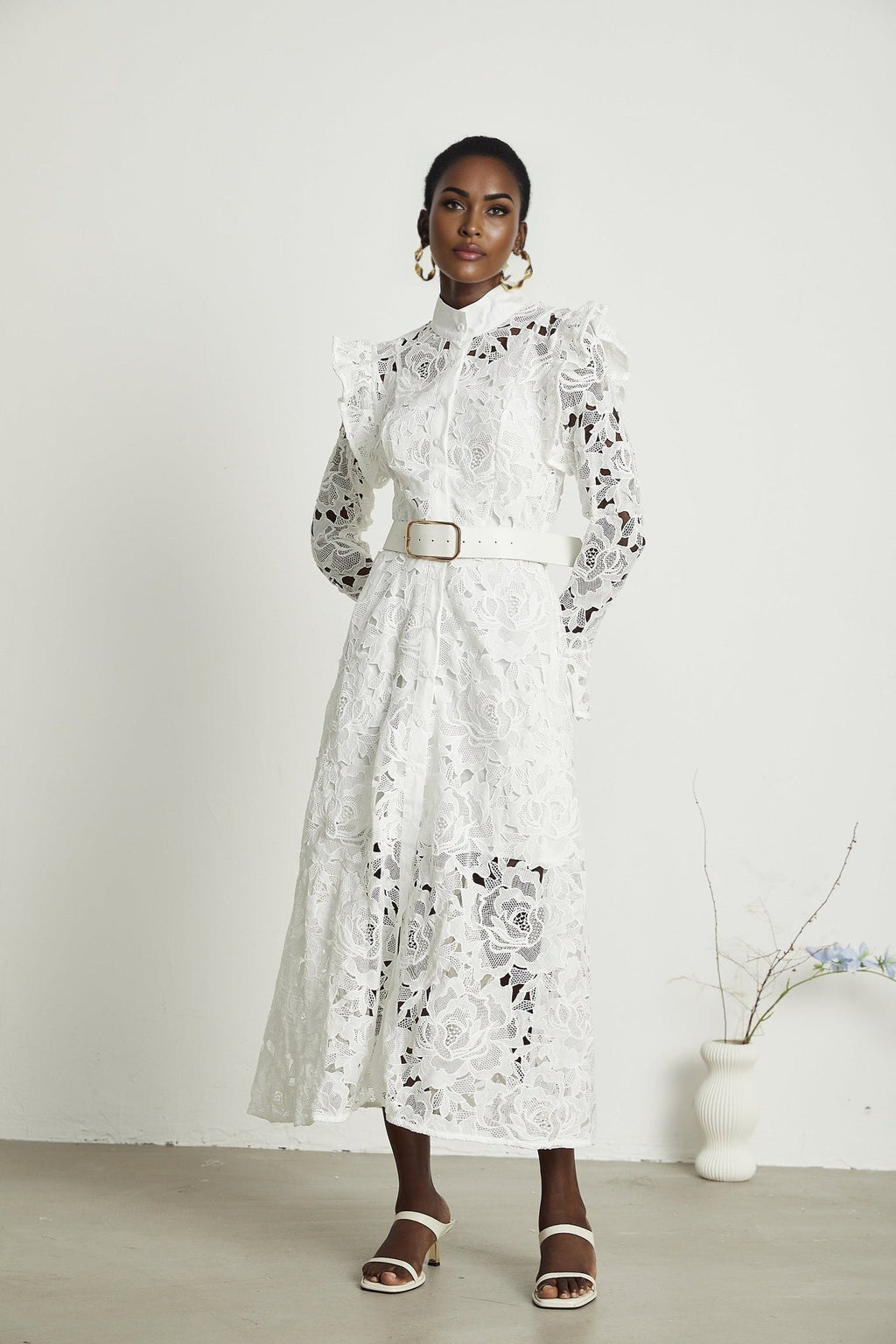 Noémie White Lace Midi Dress With Waist Belt & Embroidered Floral Design