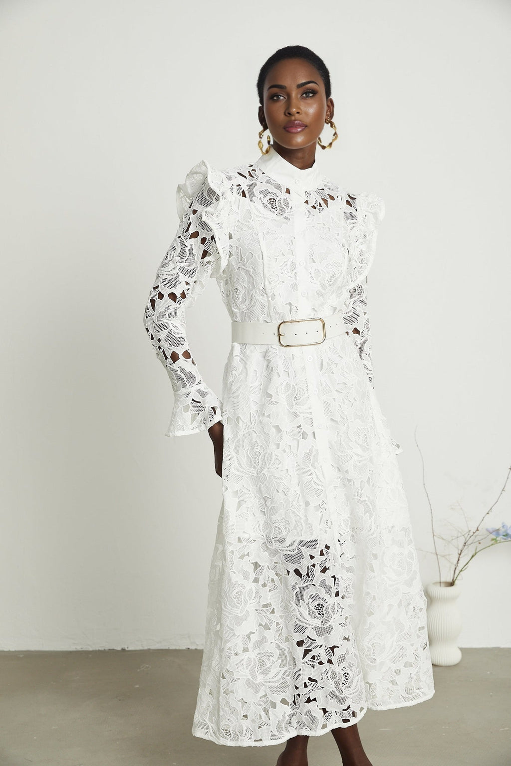 Noémie White Lace Midi Dress With Waist Belt & Embroidered Floral Design