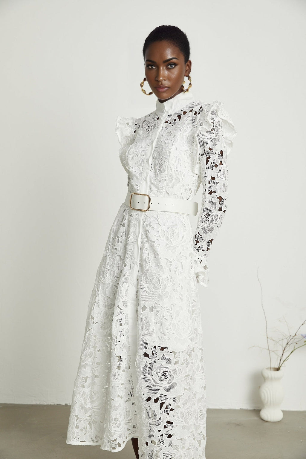 Noémie White Lace Midi Dress With Waist Belt & Embroidered Floral Design