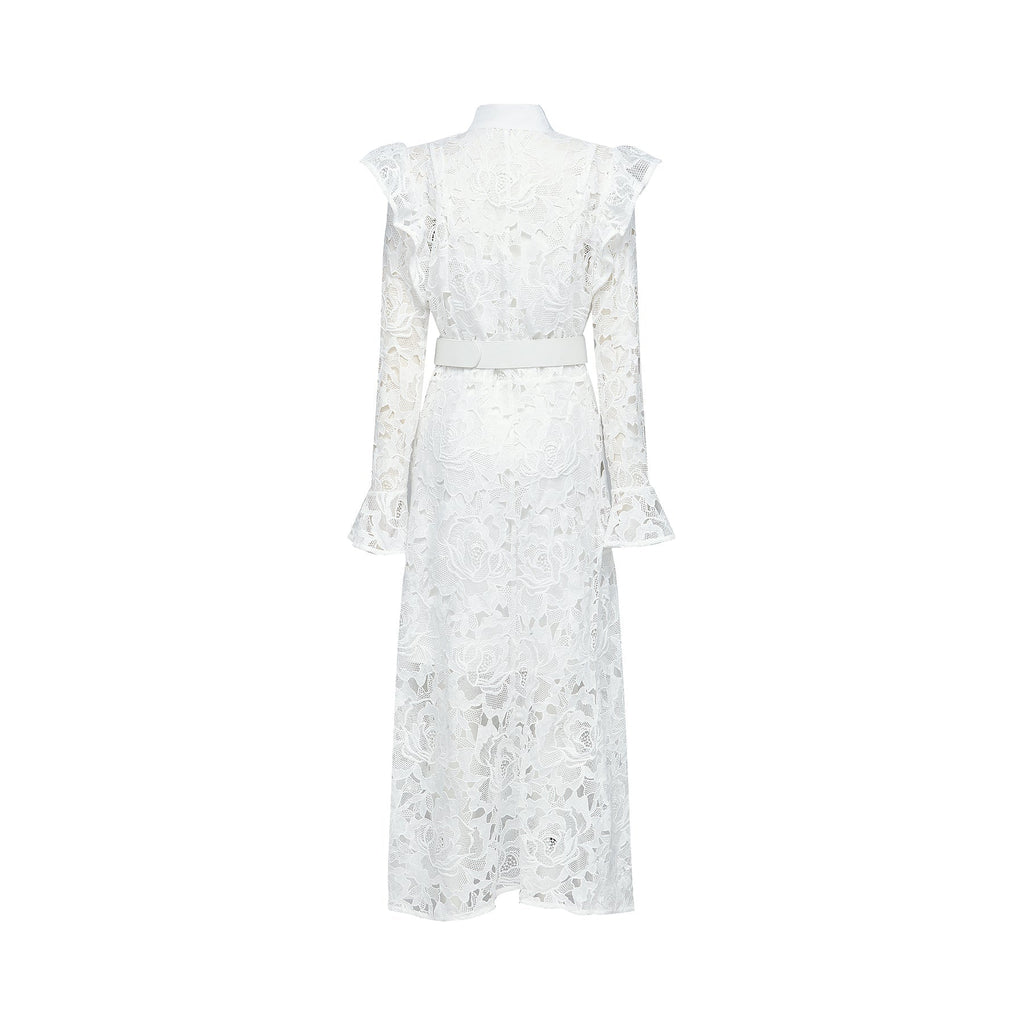 Noémie White Lace Midi Dress With Waist Belt & Embroidered Floral Design