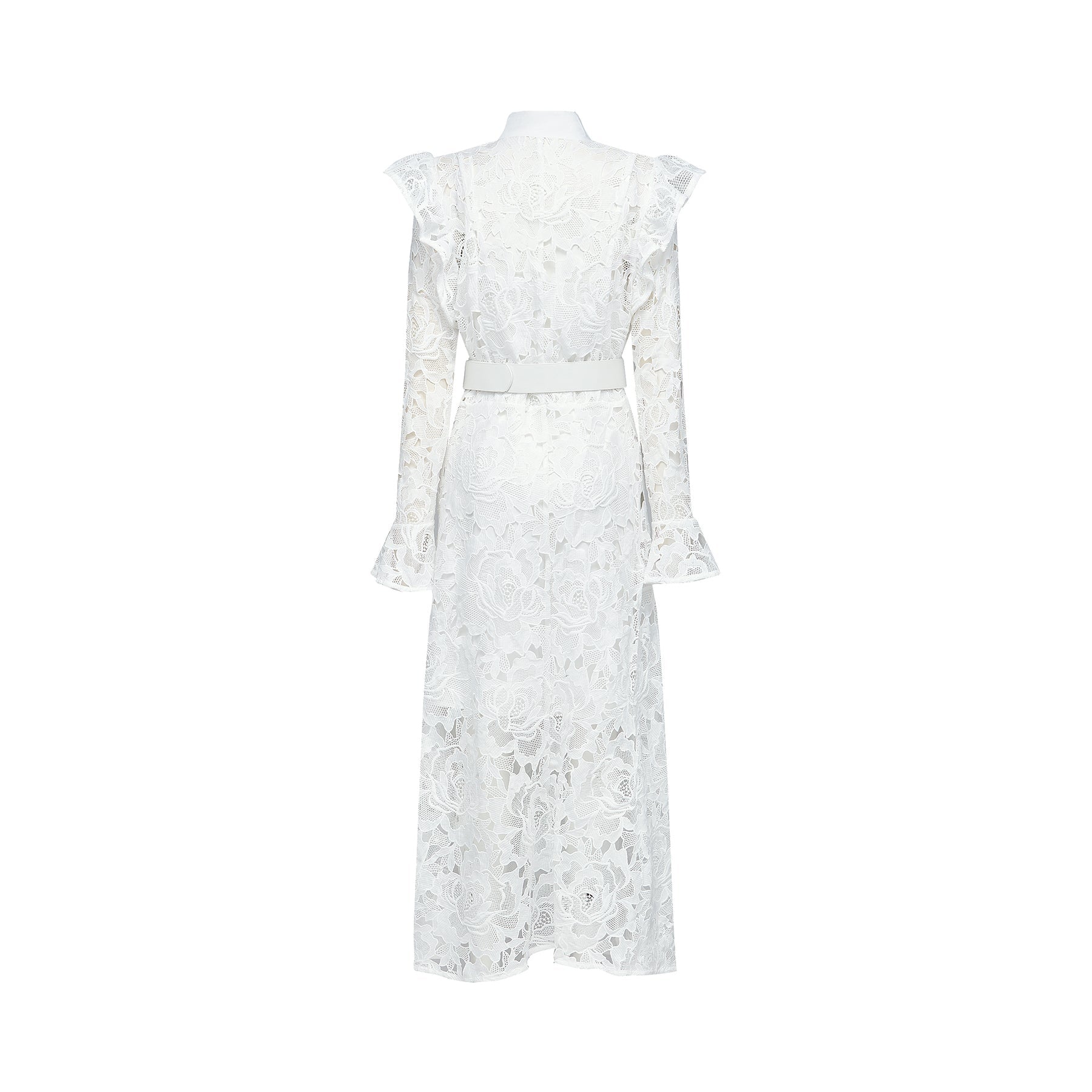 Noémie White Lace Midi Dress With Waist Belt & Embroidered Floral Design