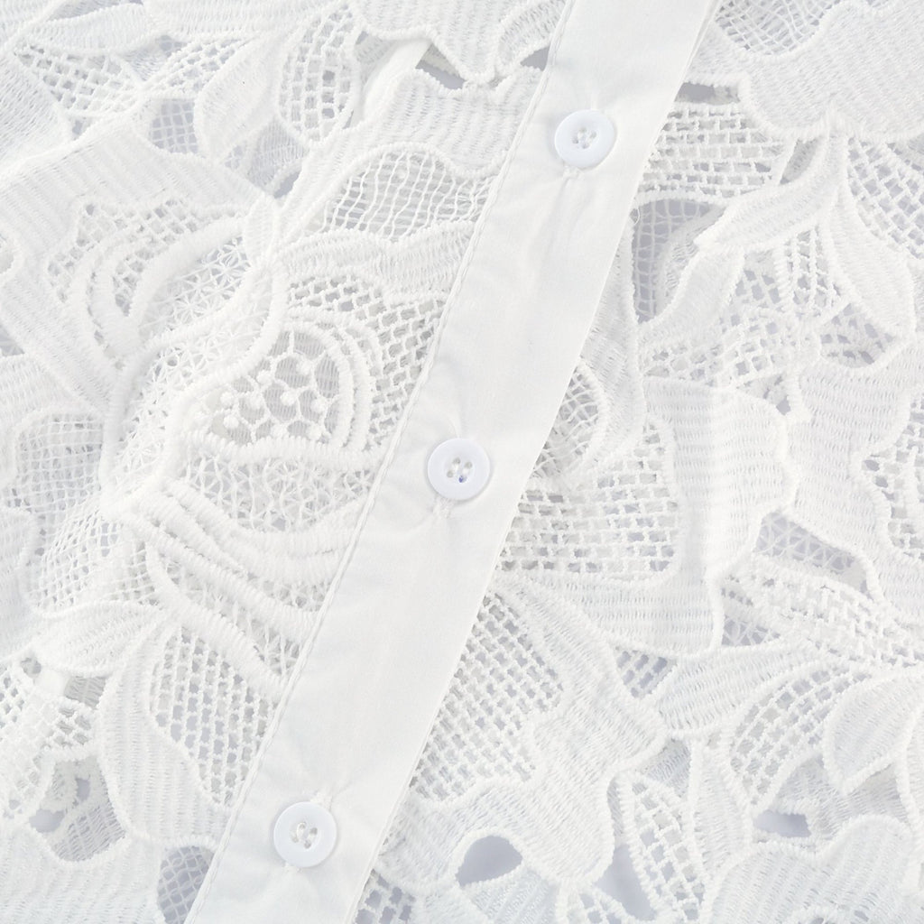 Noémie White Lace Midi Dress With Waist Belt & Embroidered Floral Design
