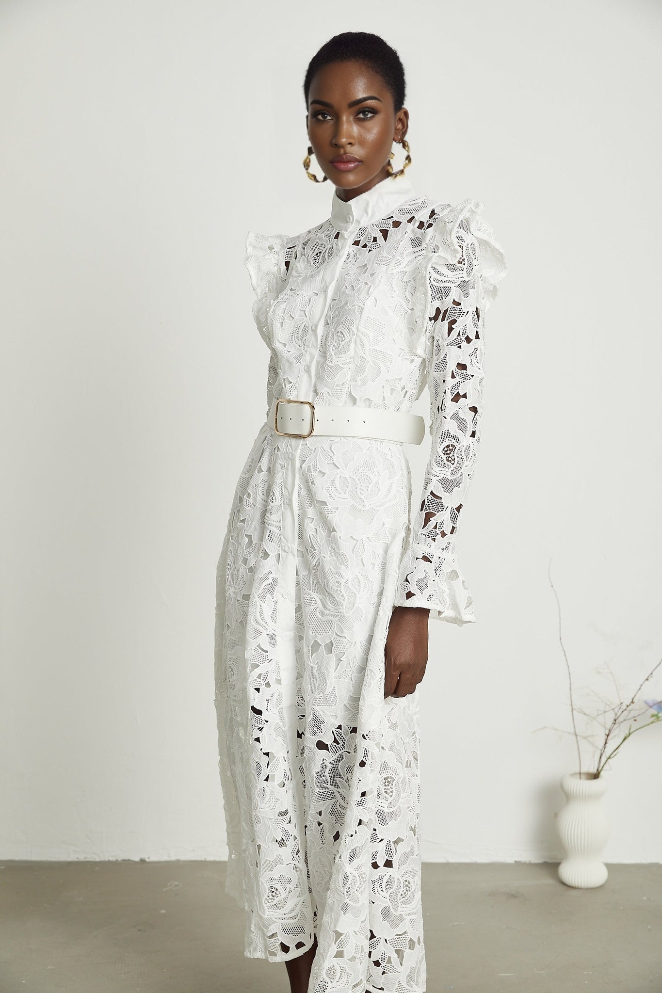 Noémie White Lace Midi Dress With Waist Belt & Embroidered Floral Design