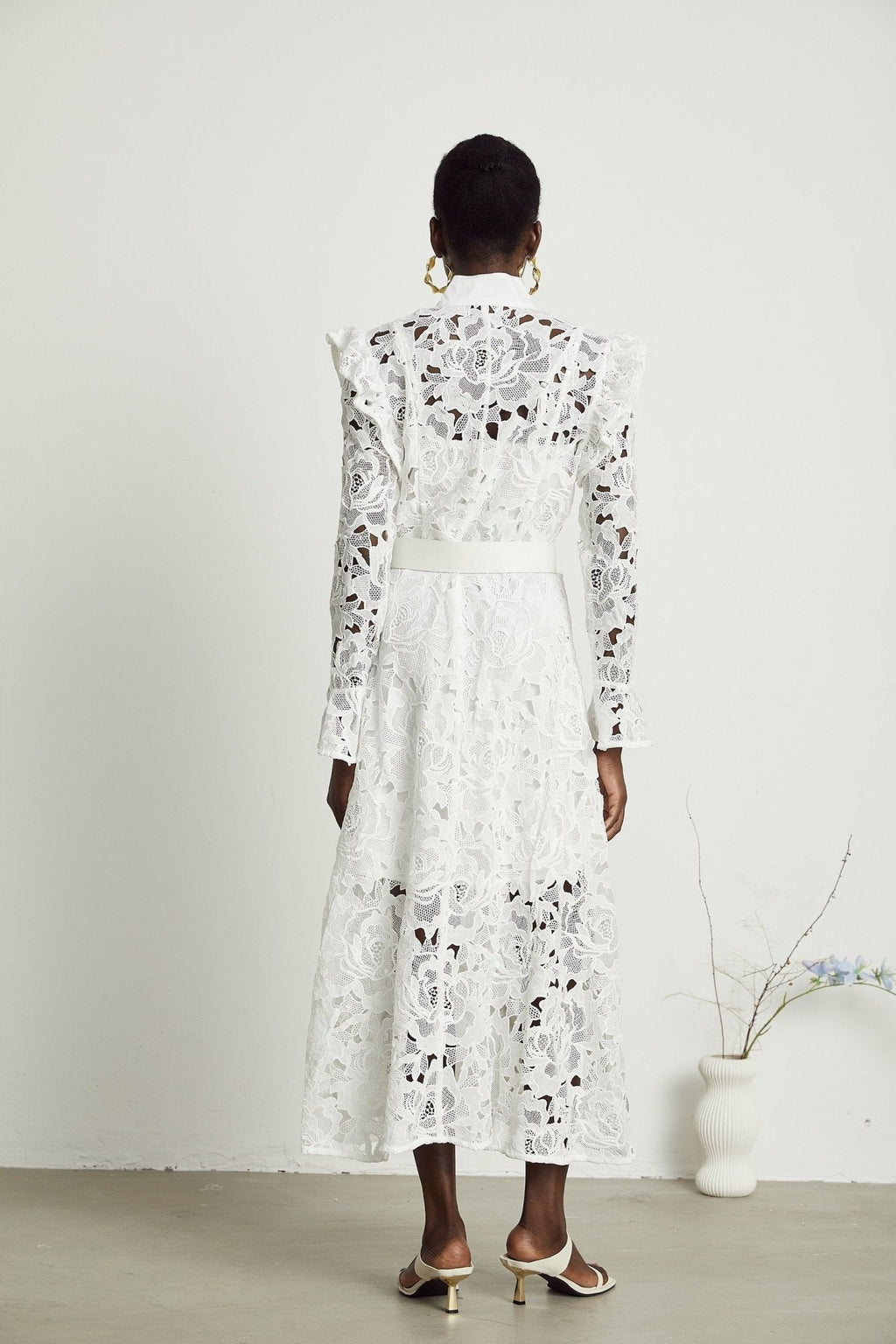 Noémie White Lace Midi Dress With Waist Belt & Embroidered Floral Design