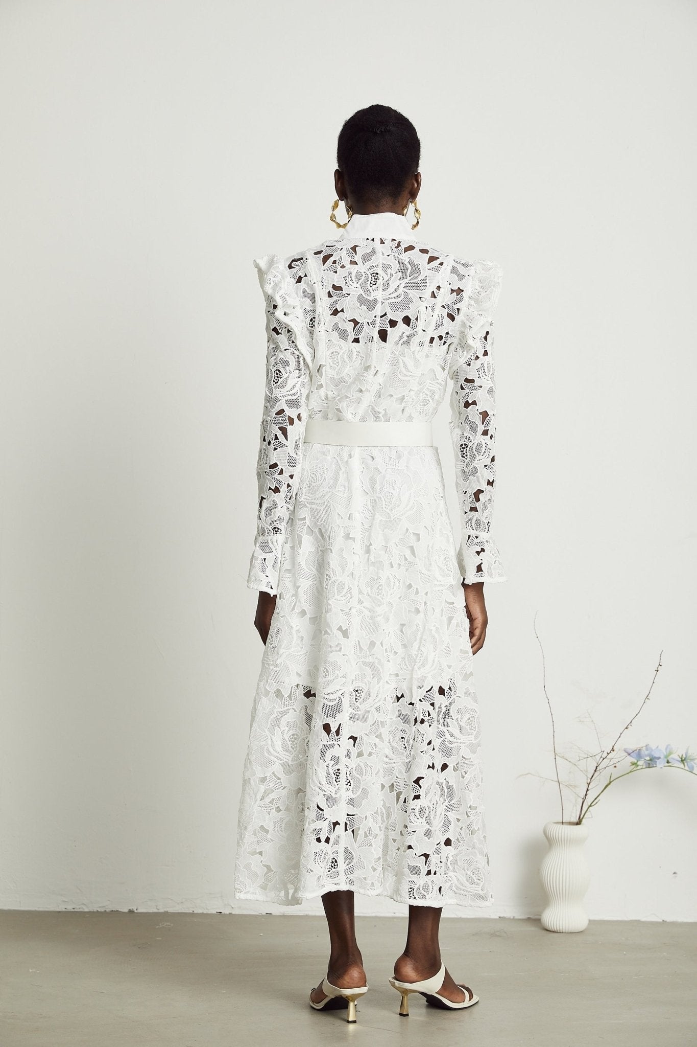 Noémie White Lace Midi Dress With Waist Belt & Embroidered Floral Design