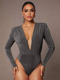 Nora Bodysuit - Knitted Fabric With High Stretch Elasticity - Slim Fit - Dark Color - Long Sleeve Length - Deep V Neckline - Premium Quality