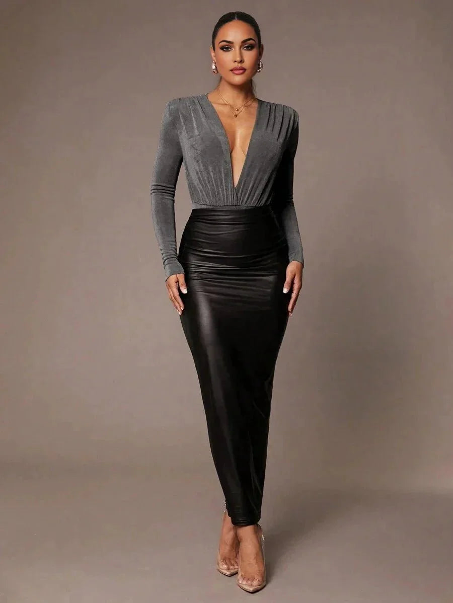 Nora Bodysuit - Knitted Fabric With High Stretch Elasticity - Slim Fit - Dark Color - Long Sleeve Length - Deep V Neckline - Premium Quality