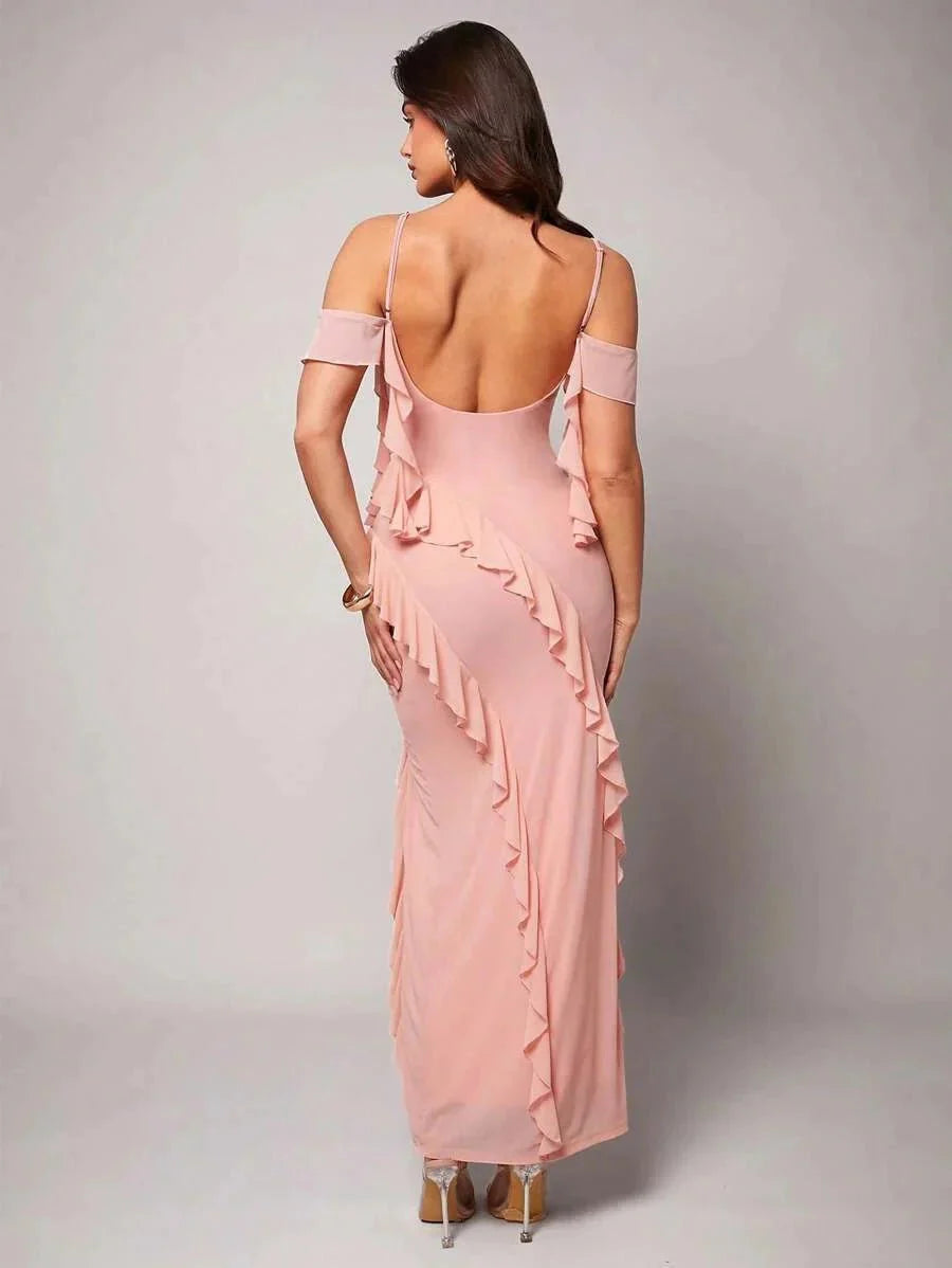 Nora Maxi Dress - Refined Style - Slim Fit - Cold Shoulder Sleeve Type - Square Neckline - High Stretch Fabric Elasticity
