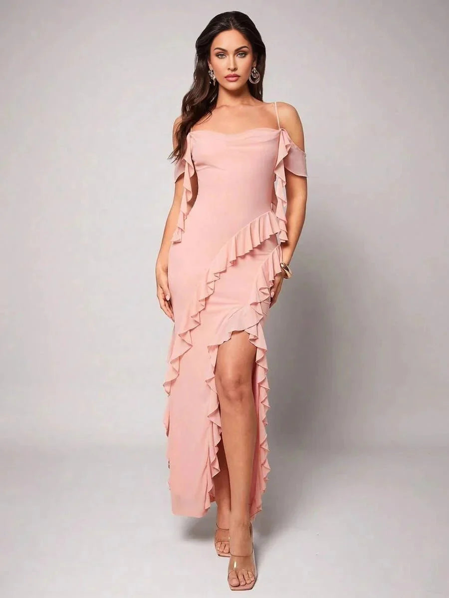 Nora Maxi Dress - Refined Style - Slim Fit - Cold Shoulder Sleeve Type - Square Neckline - High Stretch Fabric Elasticity