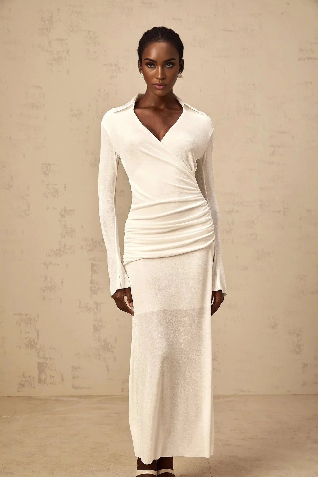 Nora Maxi Dress White Ruched Knit Flared Cuffs V - Neck Sophisticated Fit
