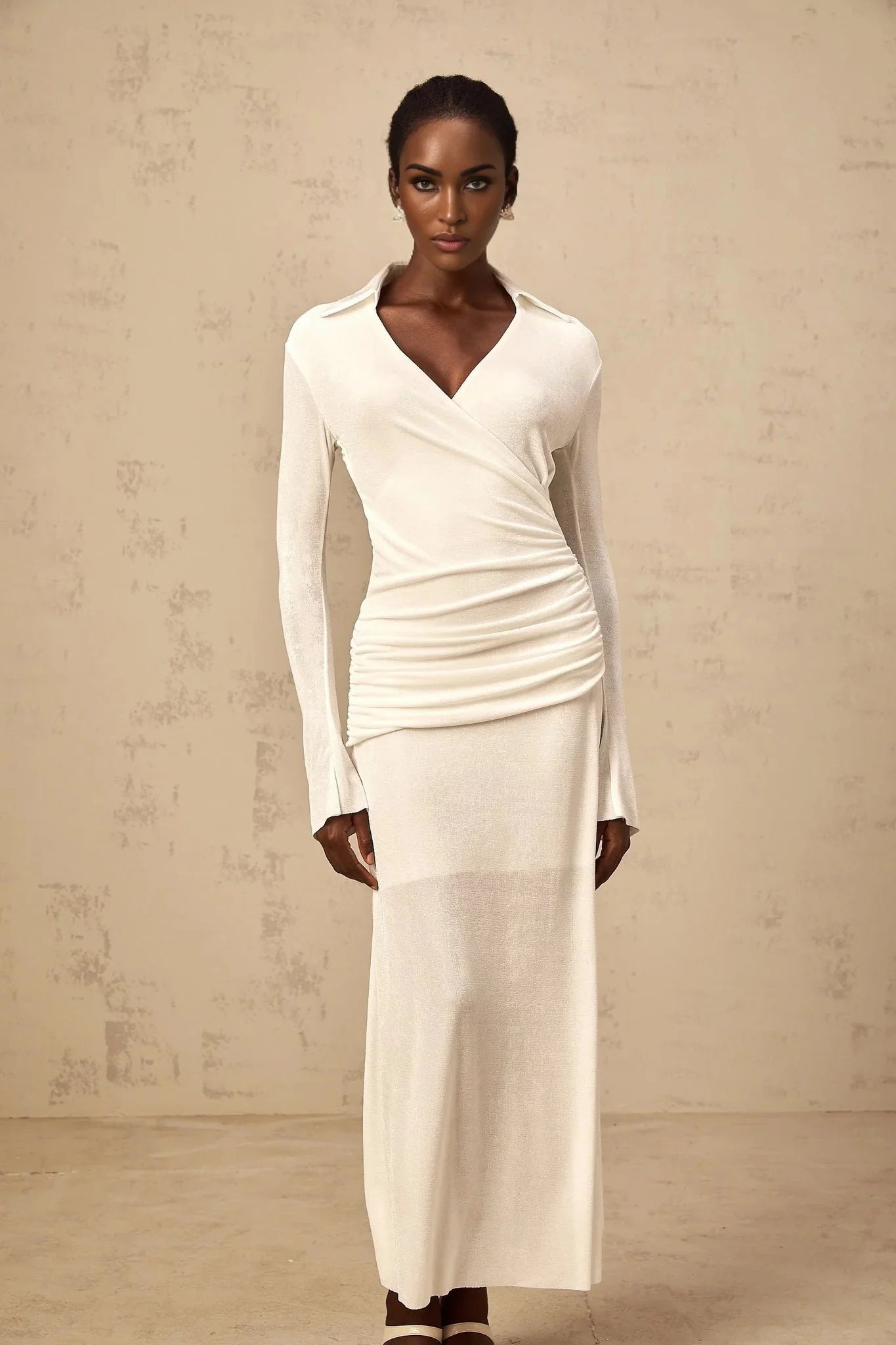 Nora Maxi Dress White Ruched Knit Flared Cuffs V - Neck Sophisticated Fit