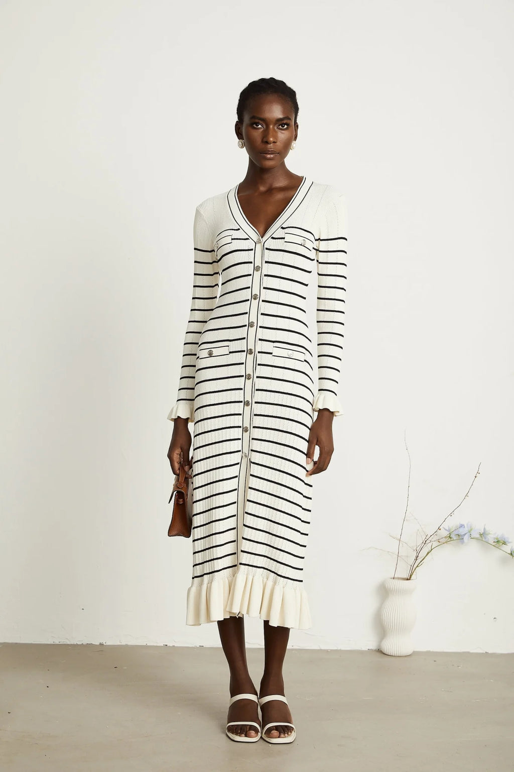 Nora Midi Dress White Striped Fluted Hem Pockets VNeck