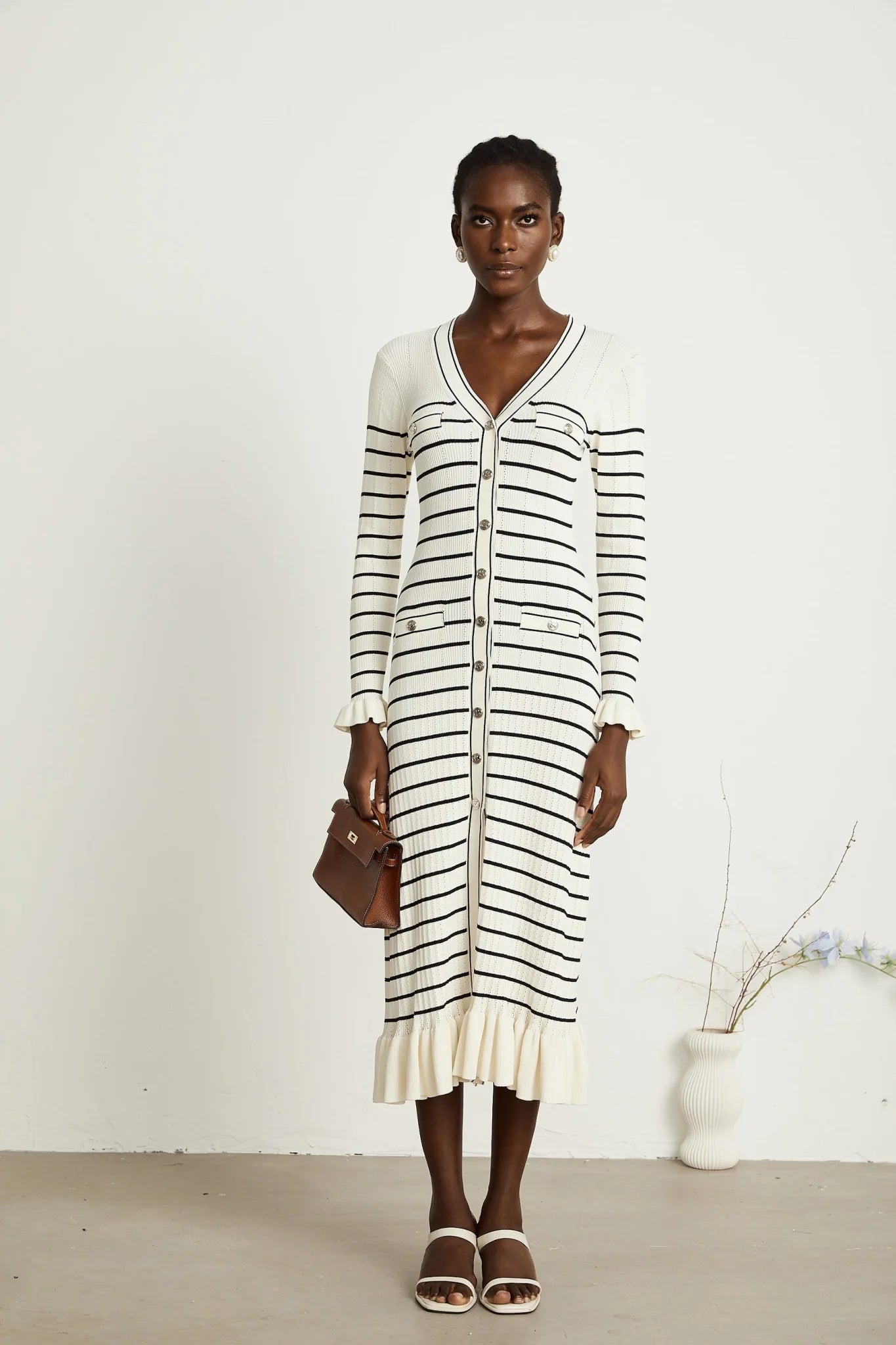 Nora Midi Dress White Striped Fluted Hem Pockets VNeck