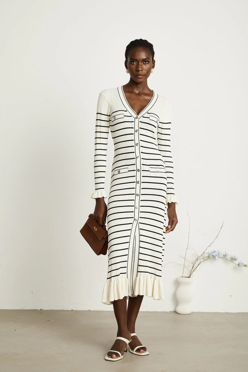 Nora Midi Dress White Striped Fluted Hem Pockets VNeck