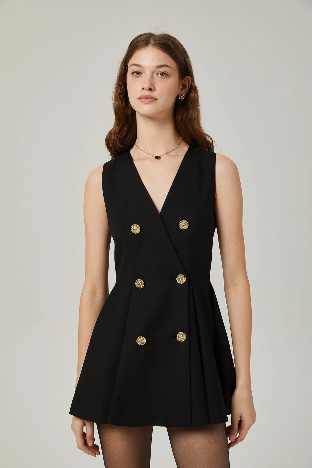 Nora Mini Dress Black Flared Crossover Gold Button