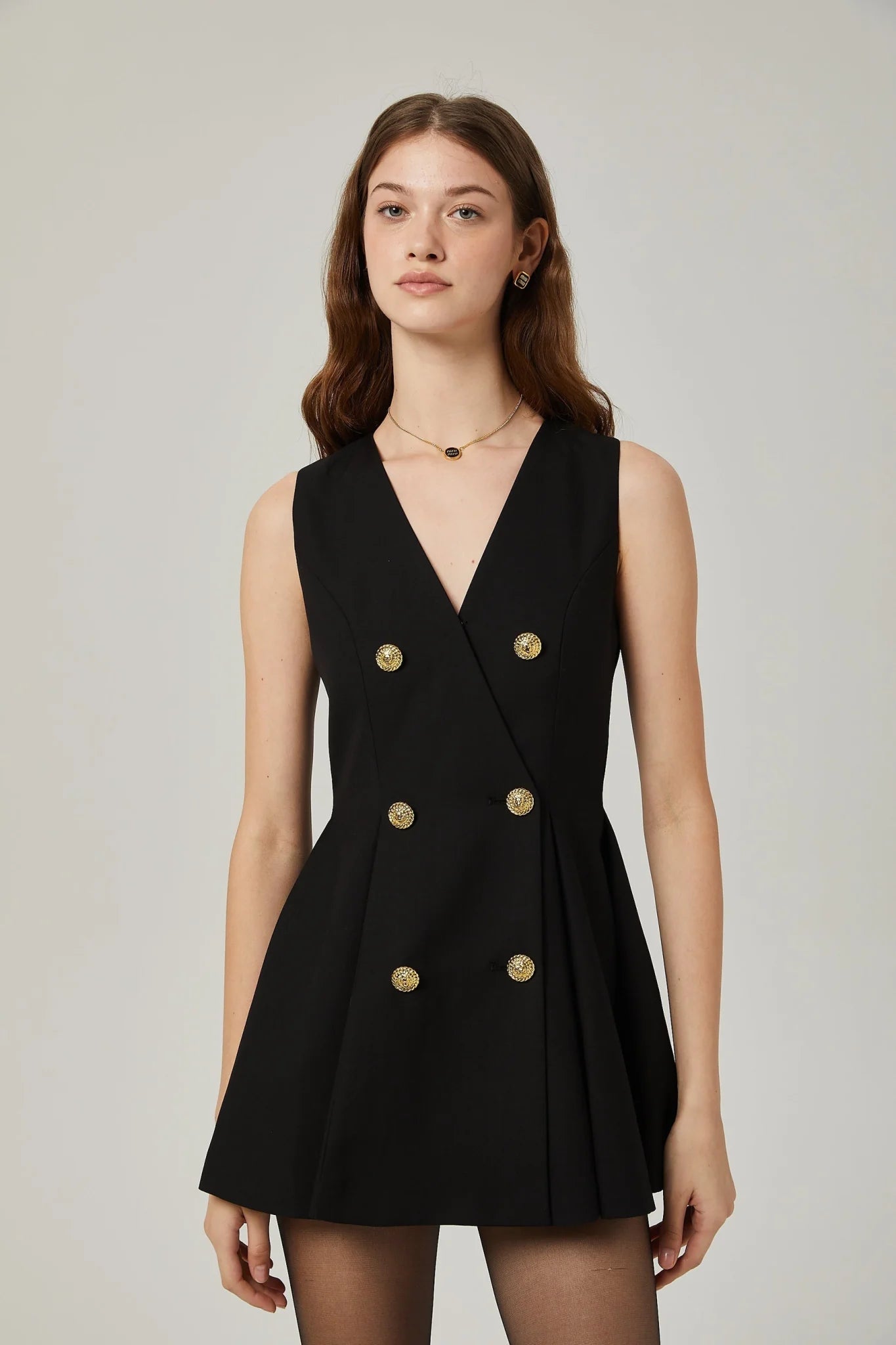 Nora Mini Dress Black Flared Crossover Gold Button