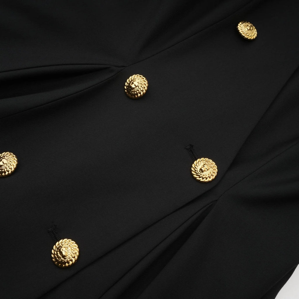 Nora Mini Dress Black Flared Crossover Gold Button