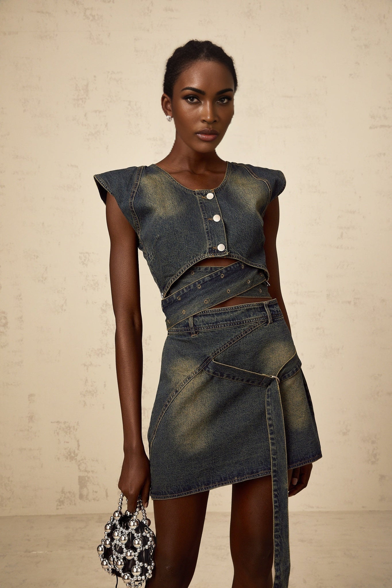 Nora Skirt & Top Set Blue Denim Cross Over Matching Outfit