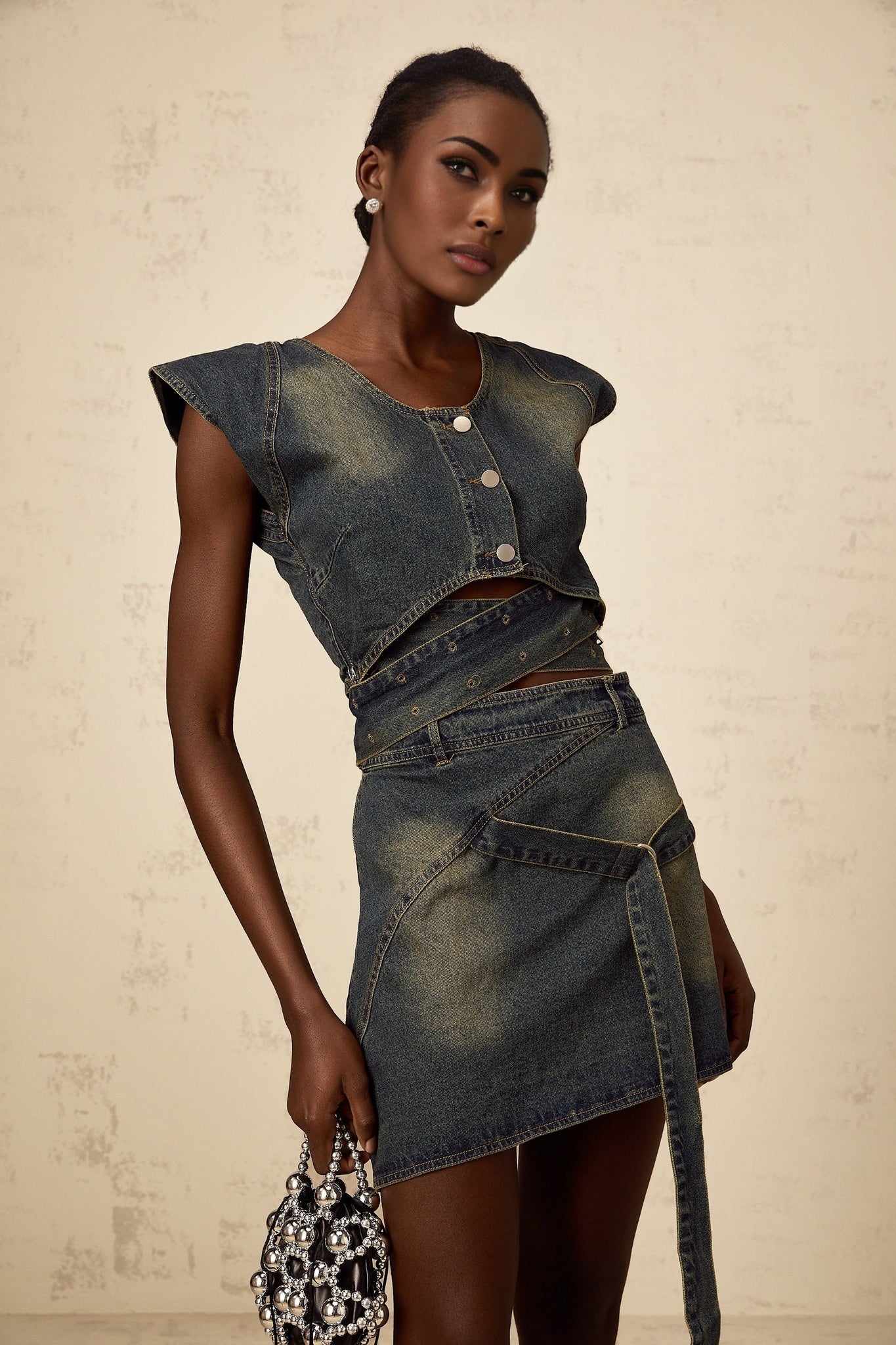 Nora Skirt & Top Set Blue Denim Cross Over Matching Outfit