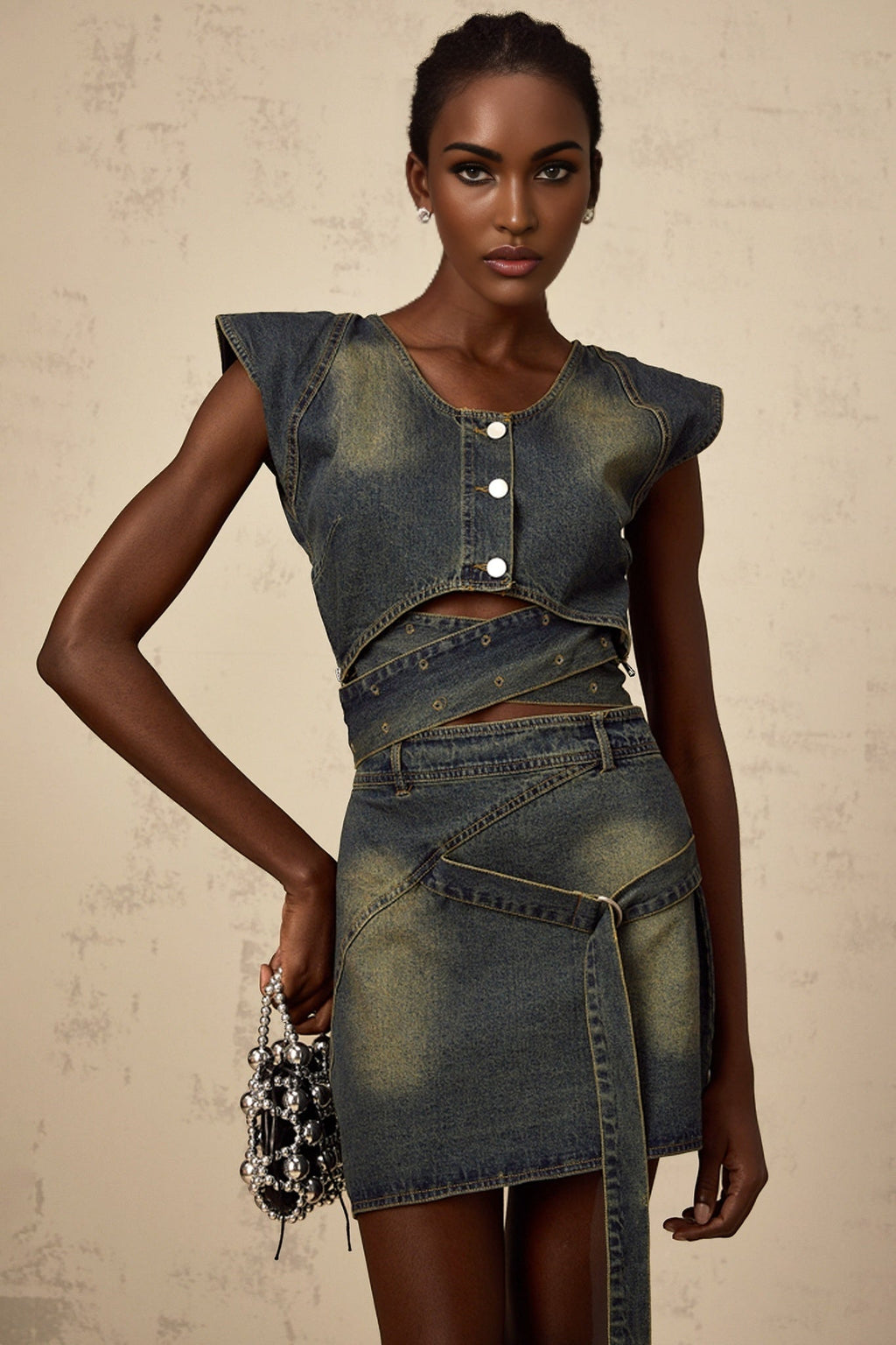 Nora Skirt & Top Set Blue Denim Cross Over Matching Outfit