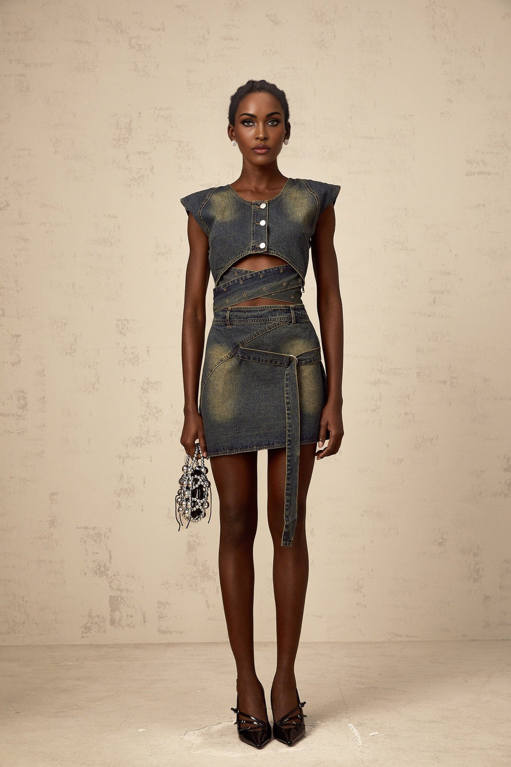 Nora Skirt & Top Set Blue Denim Cross Over Matching Outfit
