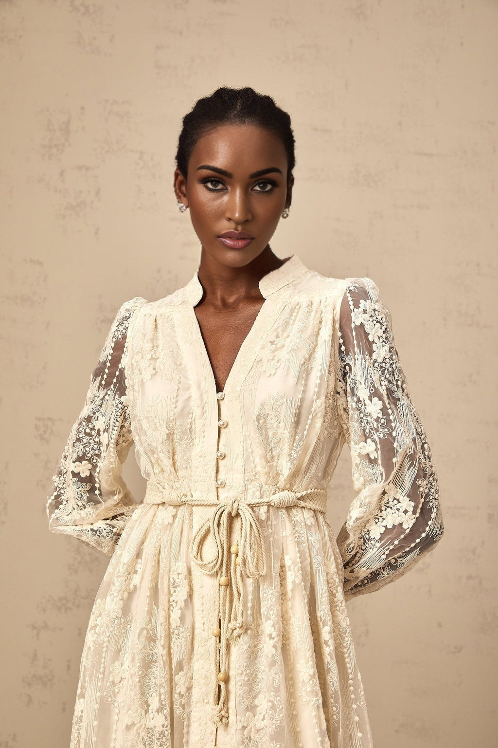Norah Lace Embroidery Midi Dress in Neutrals