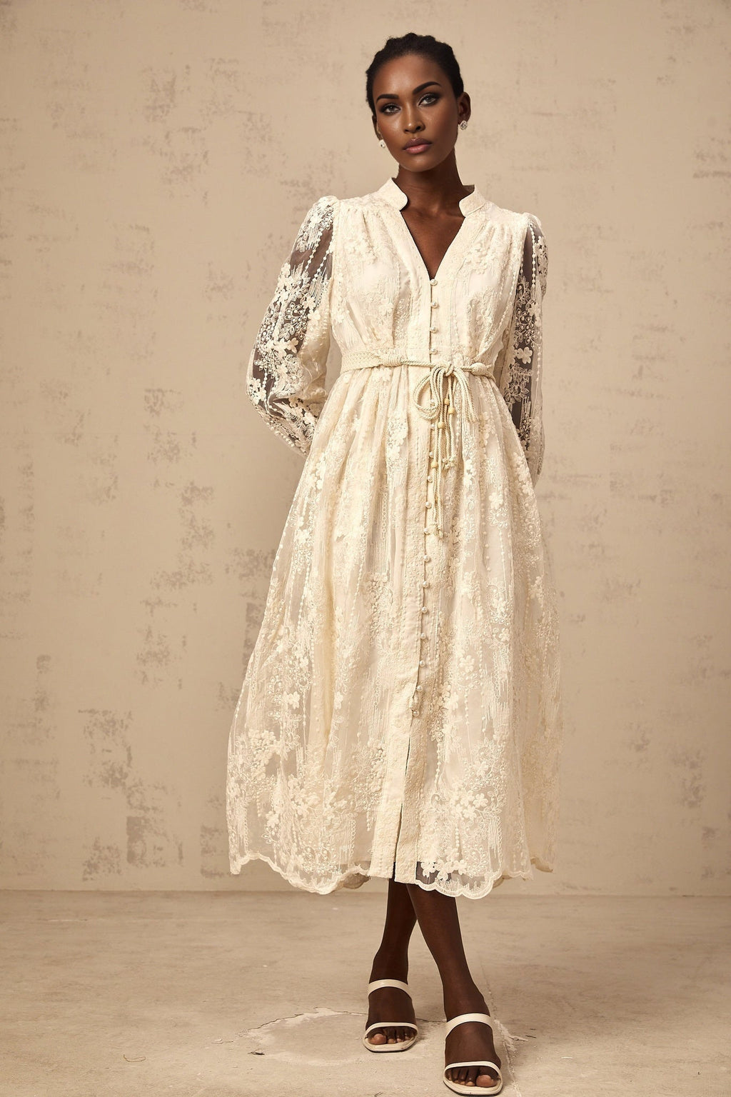Norah Lace Embroidery Midi Dress in Neutrals