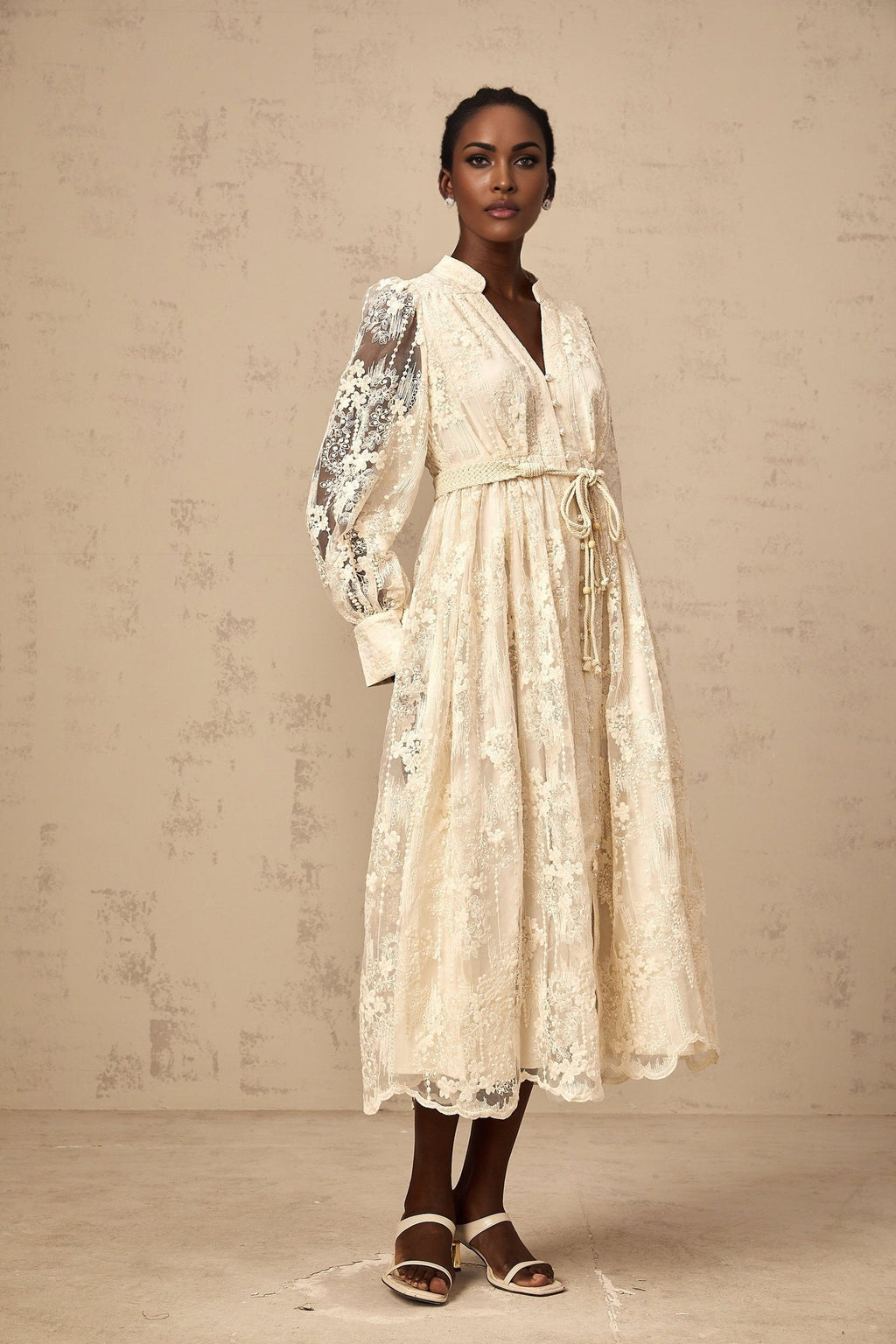 Norah Lace Embroidery Midi Dress in Neutrals