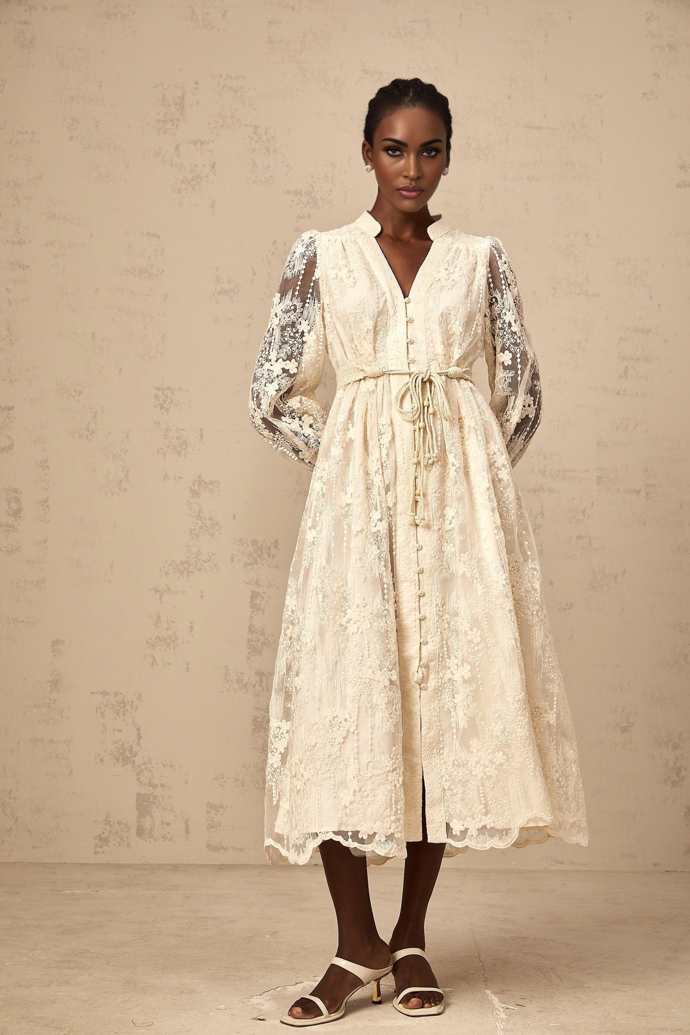 Norah Lace Embroidery Midi Dress in Neutrals
