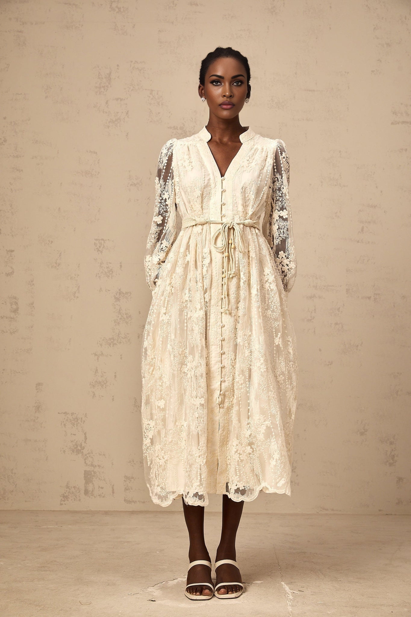 Norah Lace Embroidery Midi Dress in Neutrals