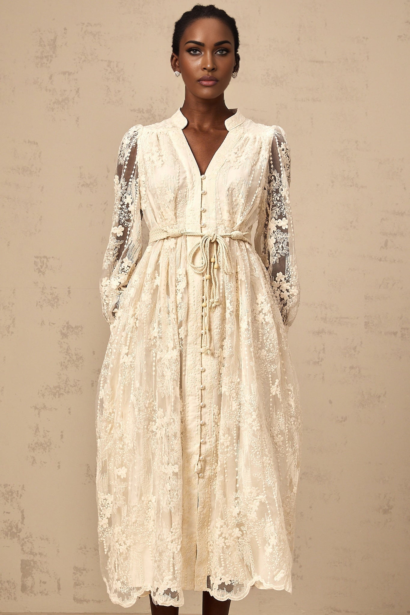 Norah Lace Embroidery Midi Dress in Neutrals
