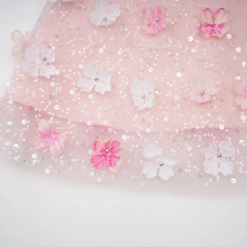 Norah Mini Dress Pink & White 3D Petal Puffy Scallop Hem