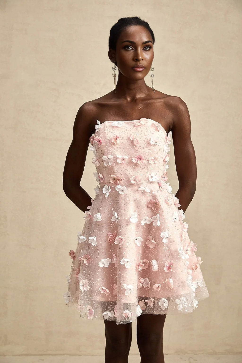 Norah Mini Dress Pink & White 3D Petal Puffy Scallop Hem
