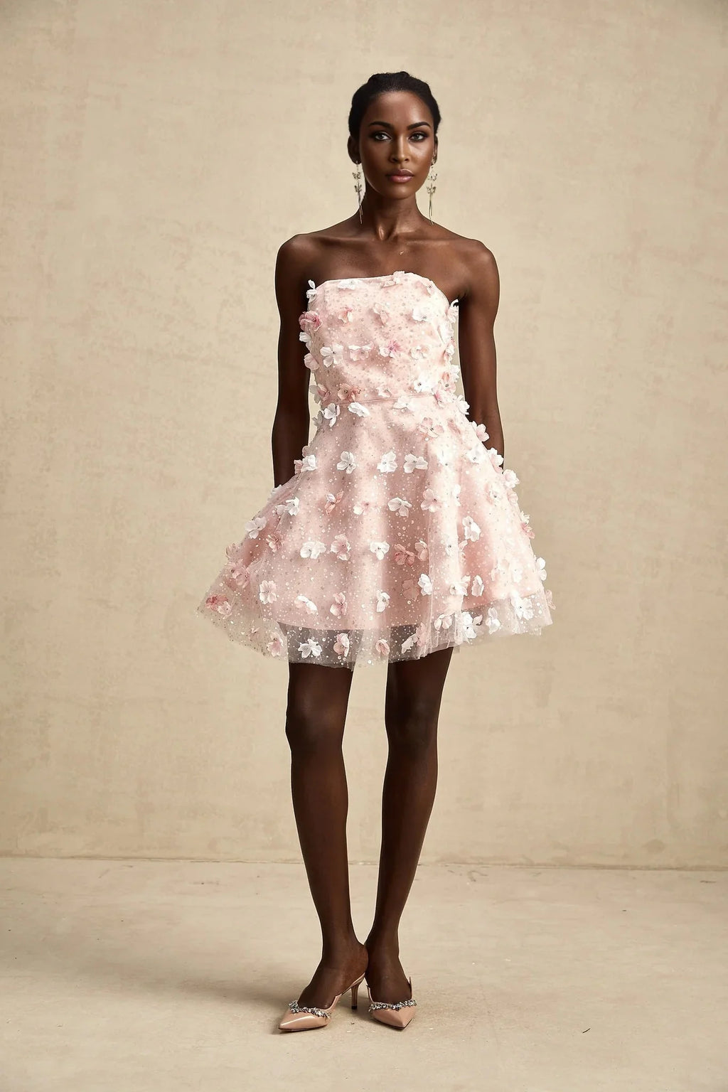 Norah Mini Dress Pink & White 3D Petal Puffy Scallop Hem