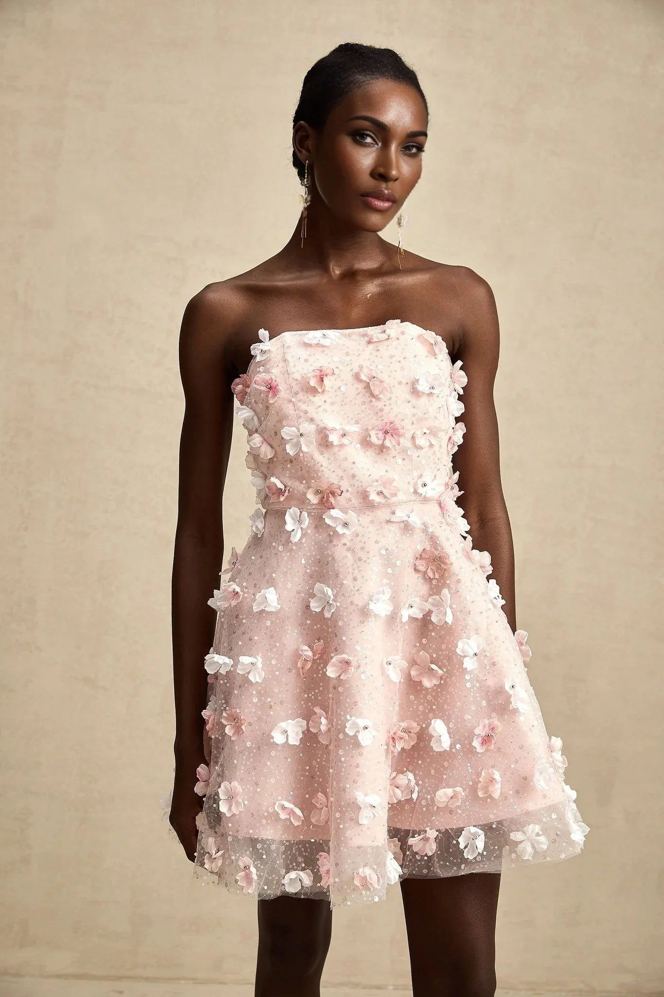Norah Mini Dress Pink & White 3D Petal Puffy Scallop Hem