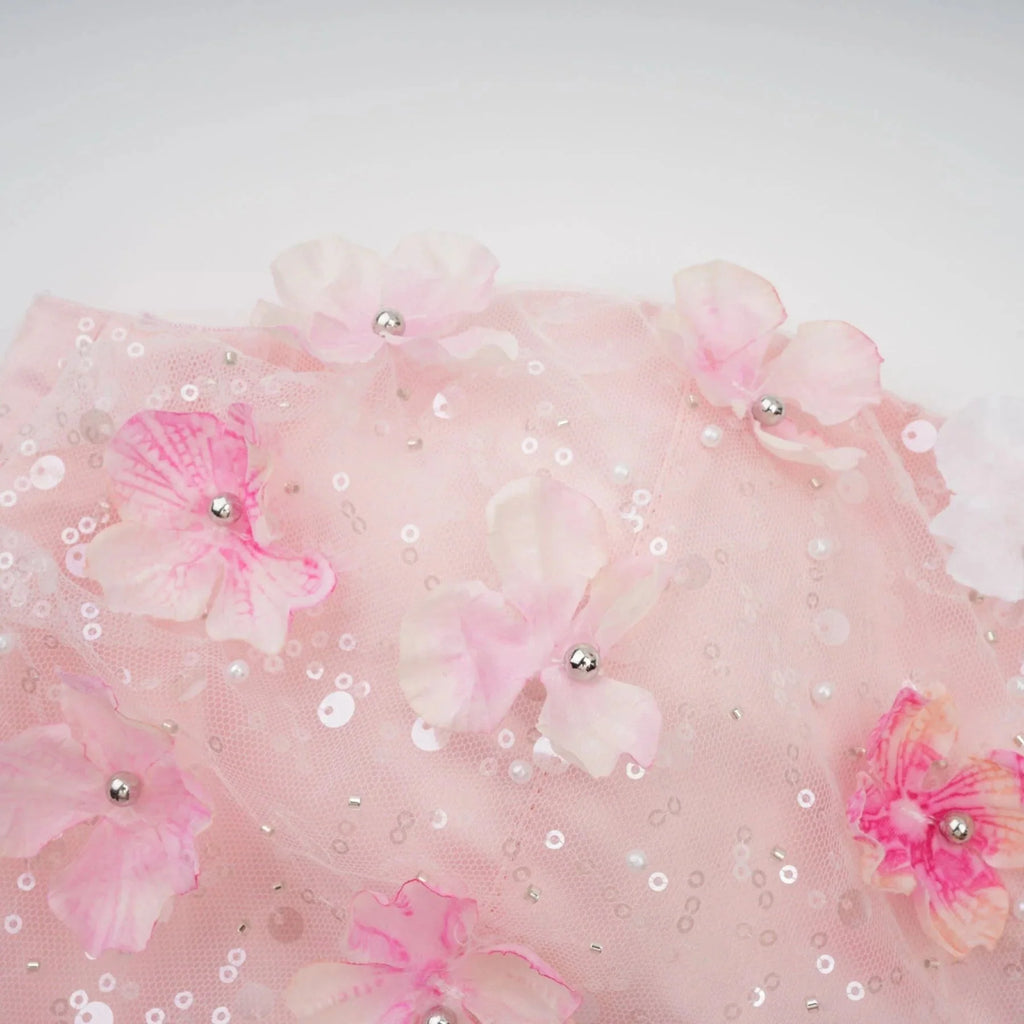 Norah Mini Dress Pink & White 3D Petal Puffy Scallop Hem