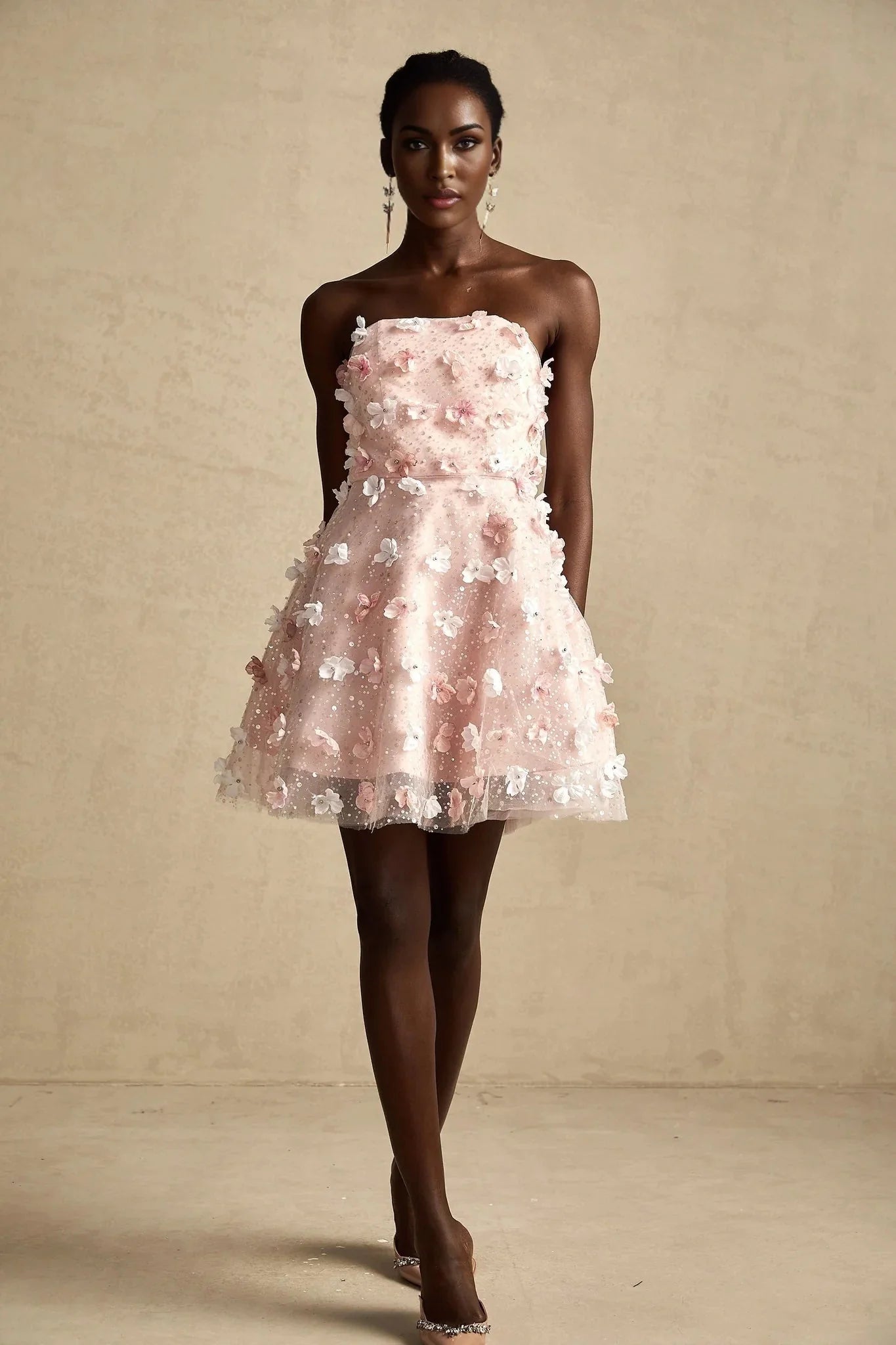 Norah Mini Dress Pink & White 3D Petal Puffy Scallop Hem
