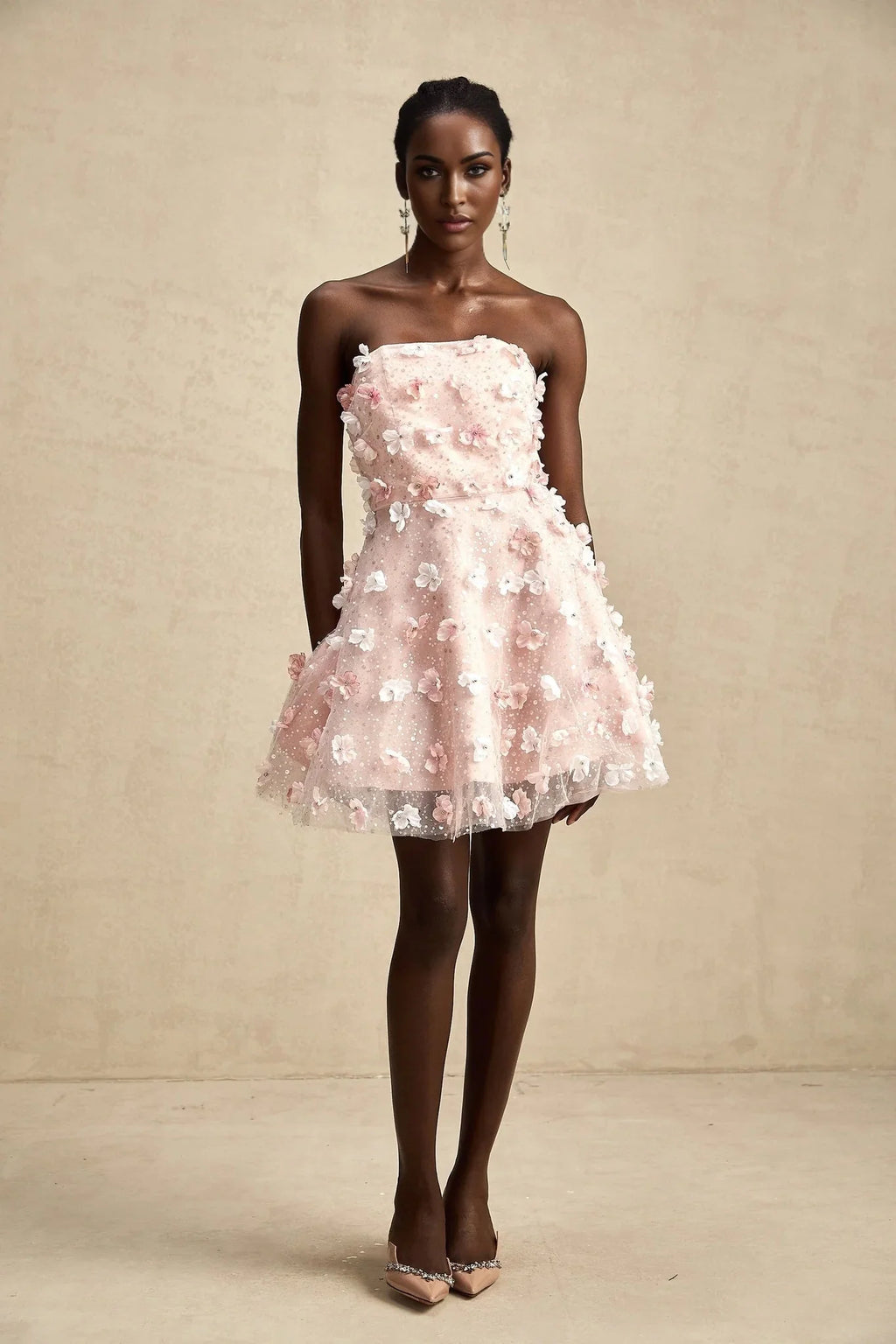 Norah Mini Dress Pink & White 3D Petal Puffy Scallop Hem