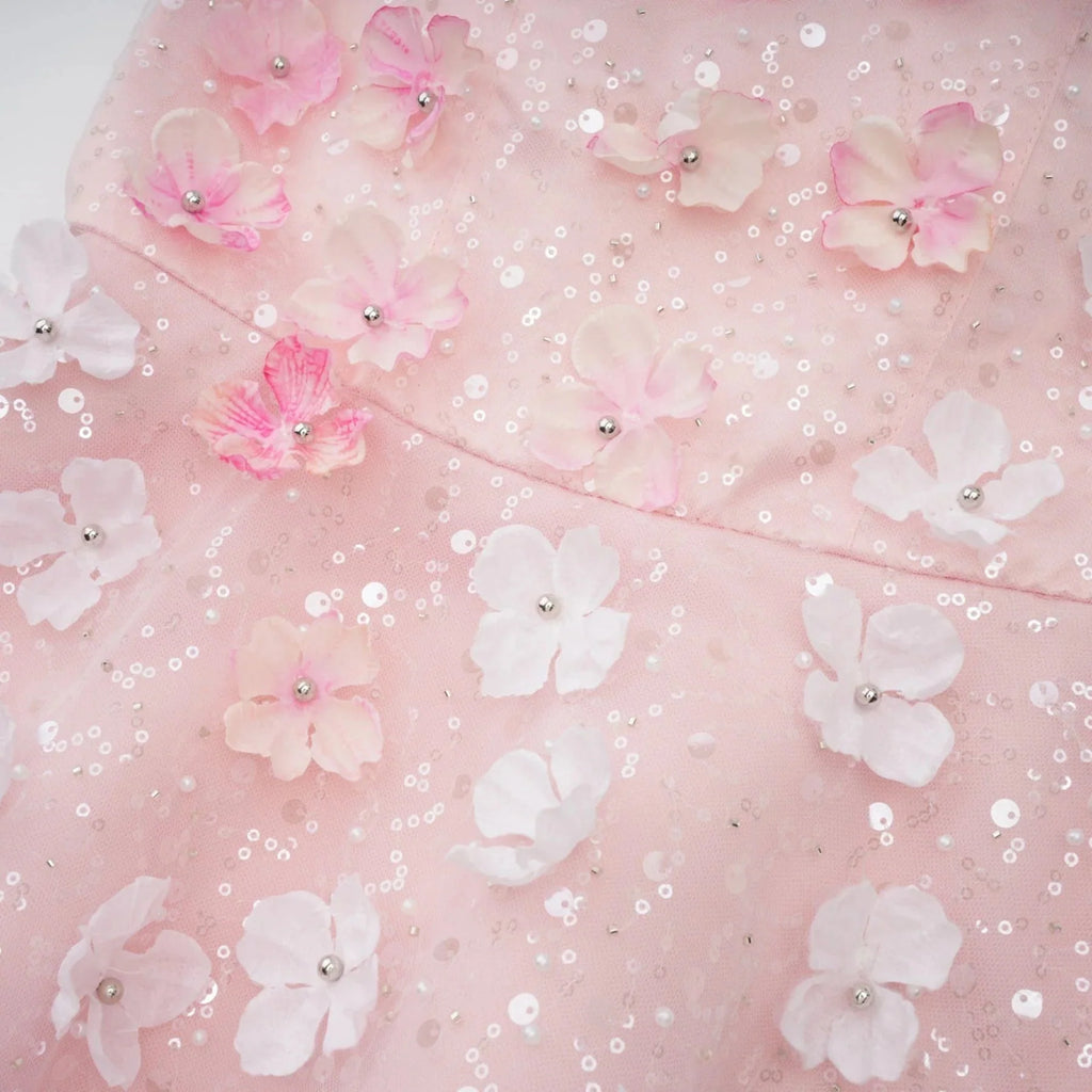 Norah Mini Dress Pink & White 3D Petal Puffy Scallop Hem