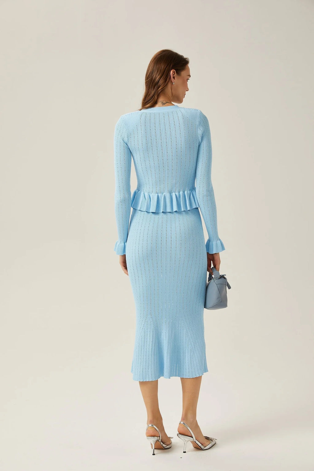 Norah Skirt & Top Set Flared Blue Knit V - Neck
