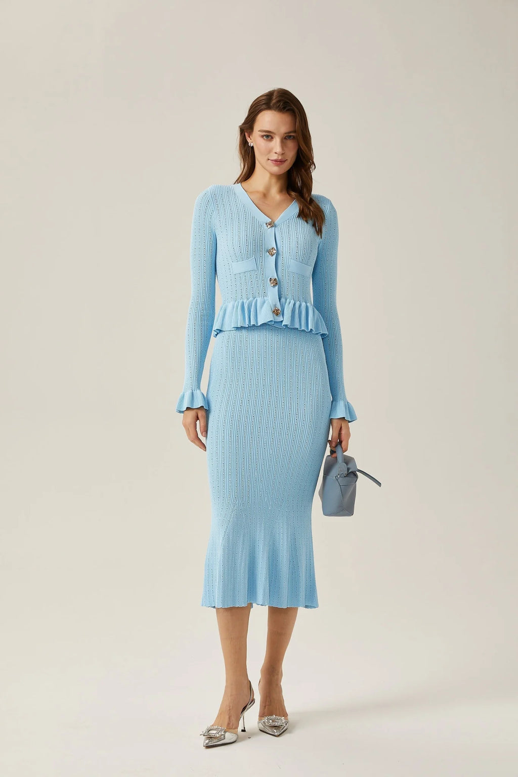 Norah Skirt & Top Set Flared Blue Knit V - Neck
