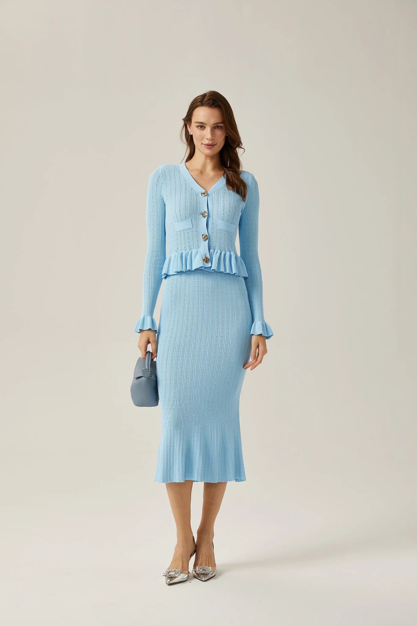 Norah Skirt & Top Set Flared Blue Knit V - Neck