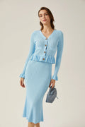 Norah Skirt & Top Set Flared Blue Knit V - Neck