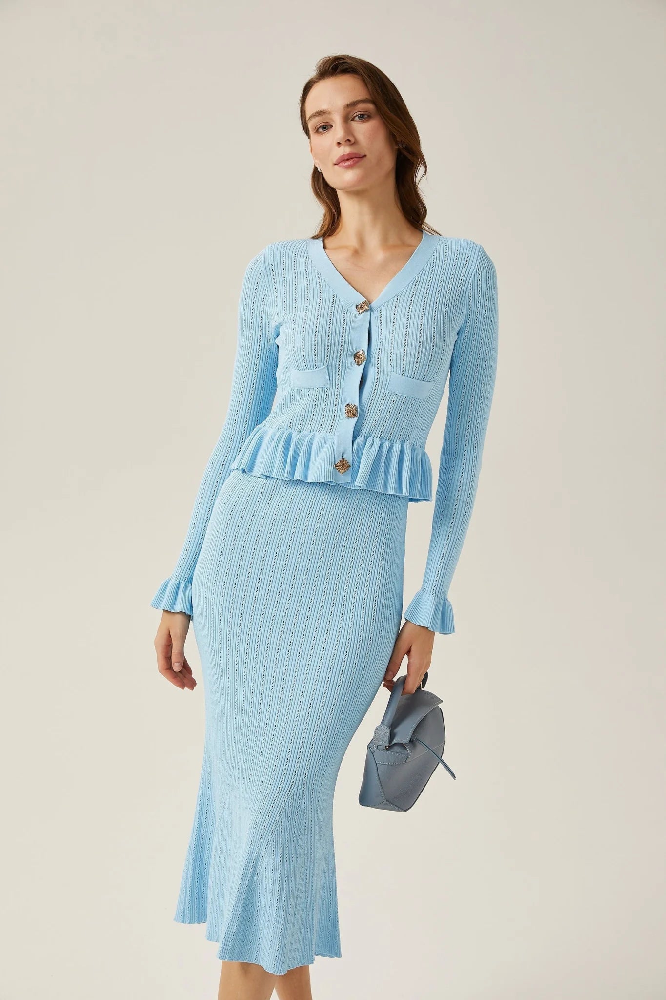 Norah Skirt & Top Set Flared Blue Knit V - Neck