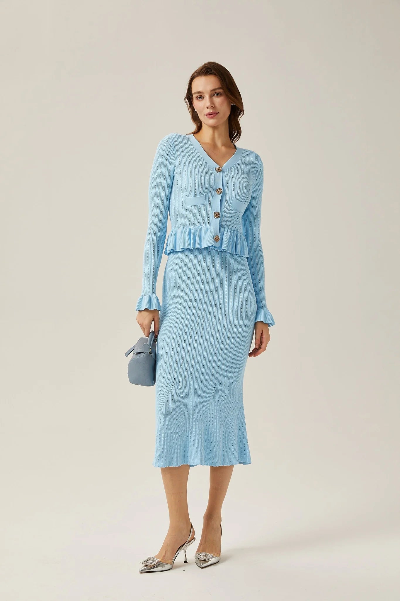 Norah Skirt & Top Set Flared Blue Knit V - Neck