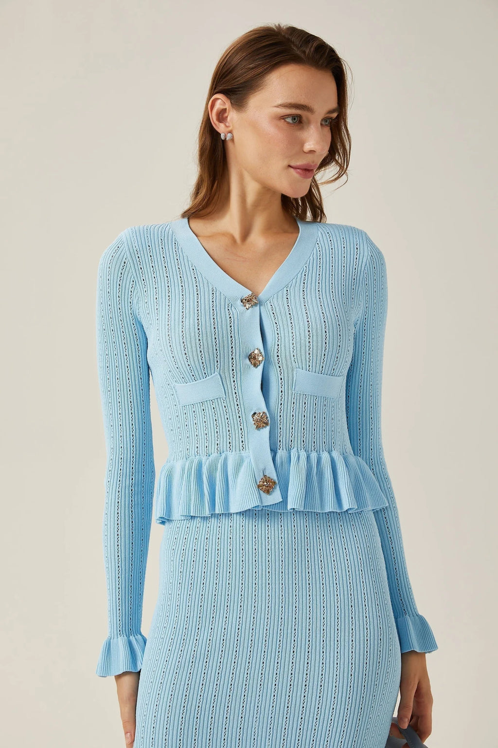 Norah Skirt & Top Set Flared Blue Knit V - Neck
