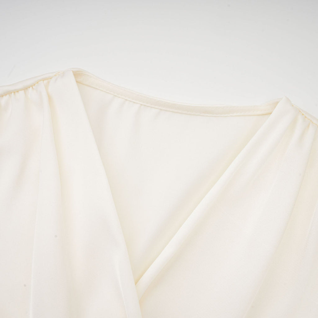 Nouria White Satin Cropped Blouse With Twist Front and Smocked Hem
