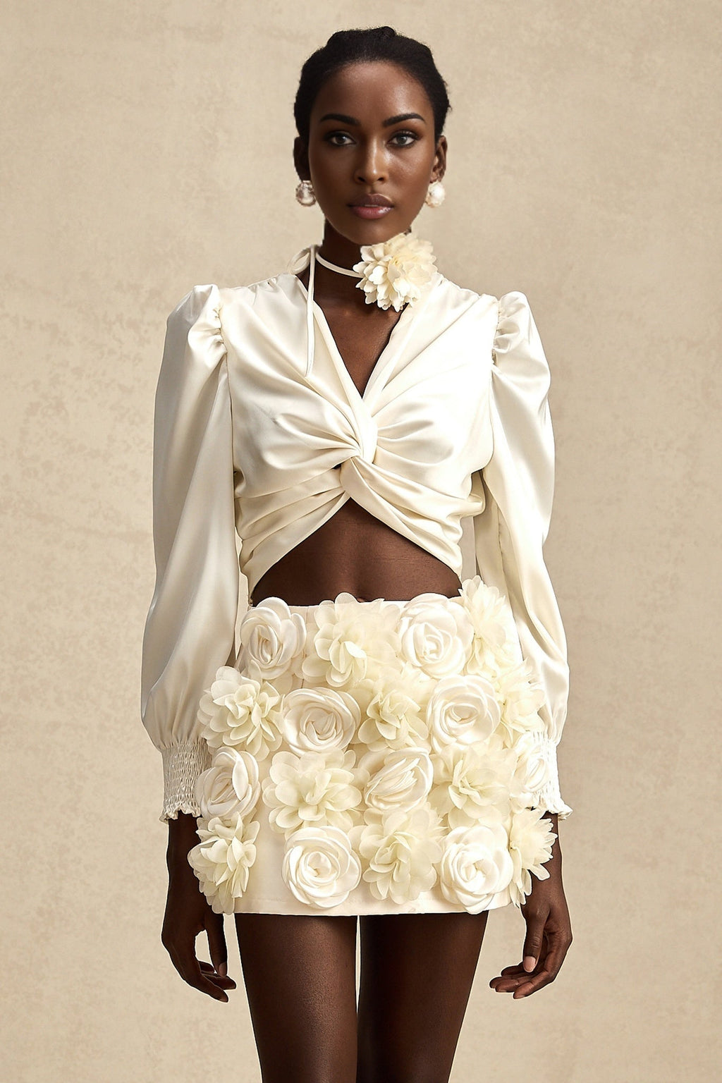 Nouria White Satin Cropped Blouse With Twist Front and Smocked Hem
