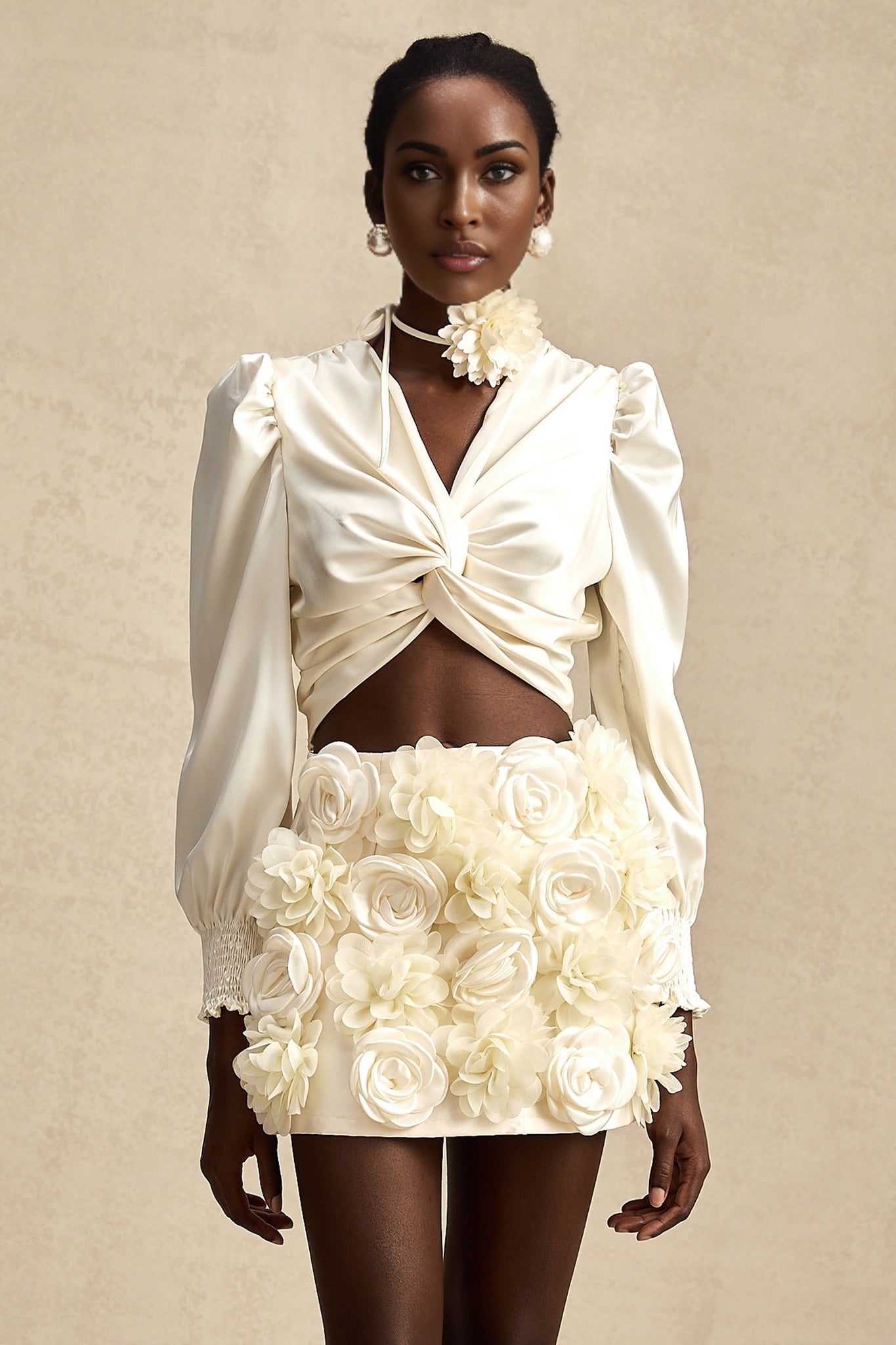 Nouria White Satin Cropped Blouse With Twist Front and Smocked Hem