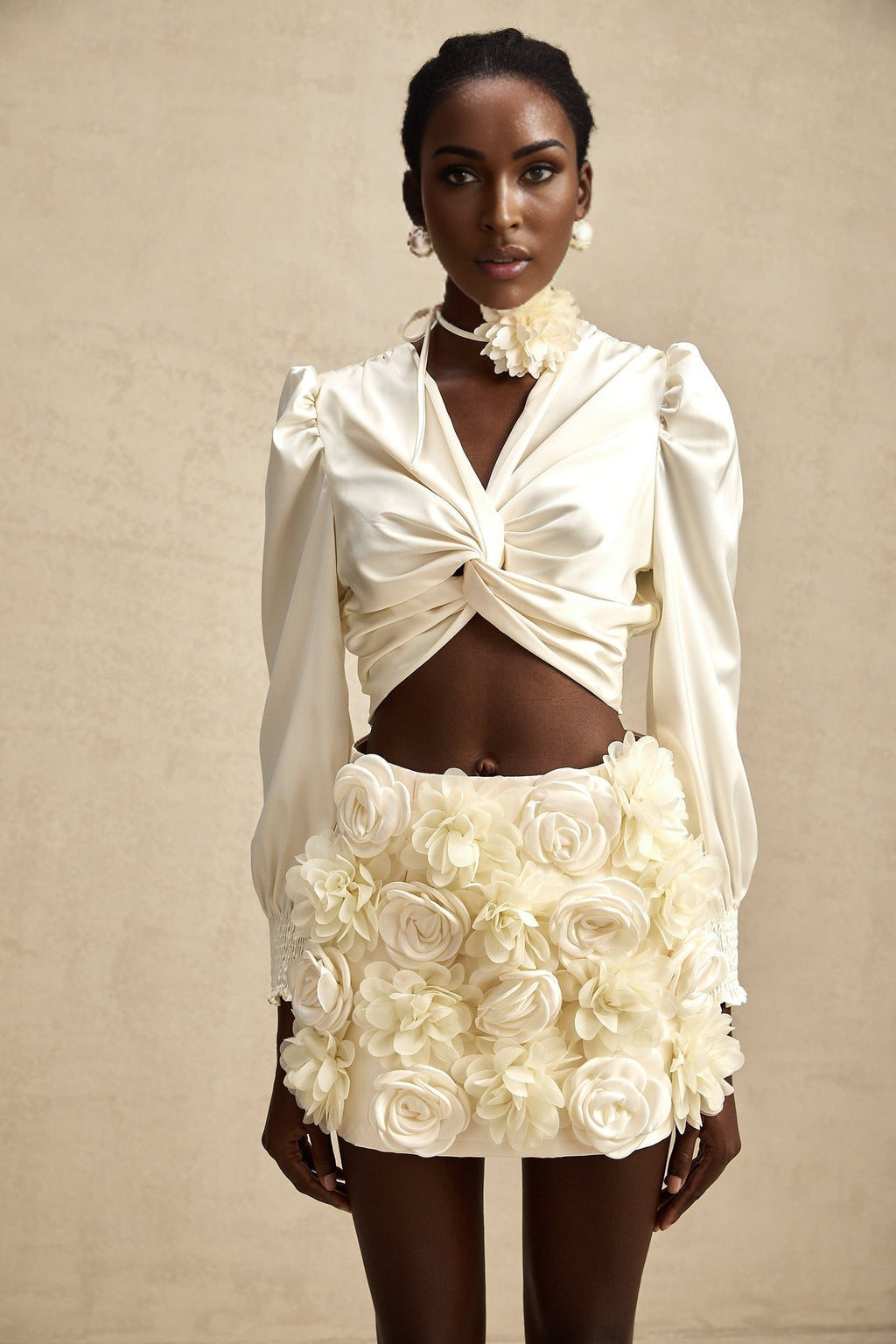 Nouria White Satin Cropped Blouse With Twist Front and Smocked Hem